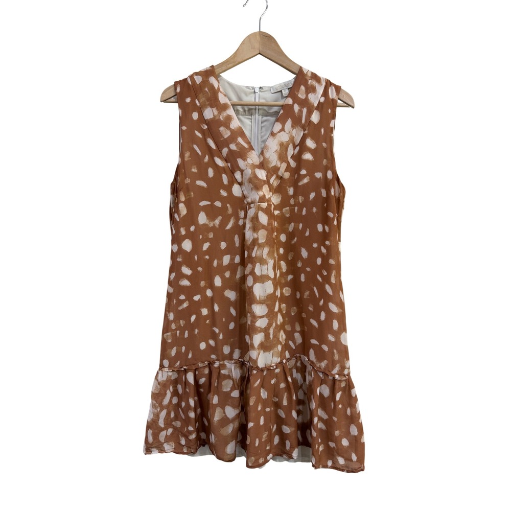 Etcetera Women 10 Brown Silk Abstract Animal Print Ruffle Hem Sleeveless Dress